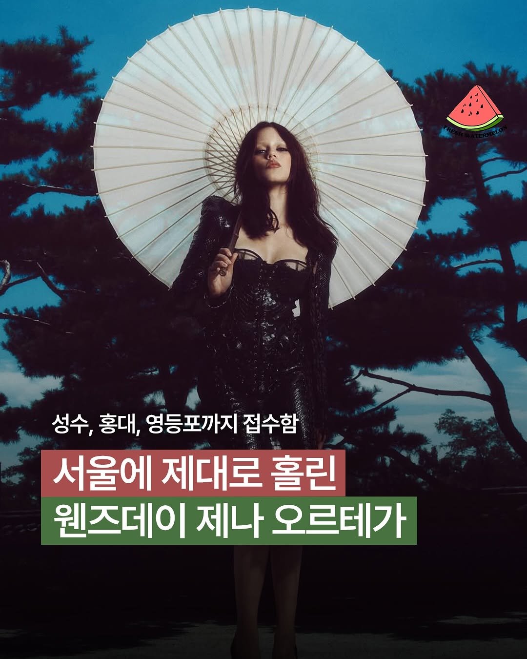 Photo shared by 프레쉬워터멜론 on August 13, 2025 tagging @jennaortega. May be an image of 1 person and text that says '성수, 홍대, 영등포까지 접수함 서울에 제대로 홀린 웬즈데이 제나 오르테가'.