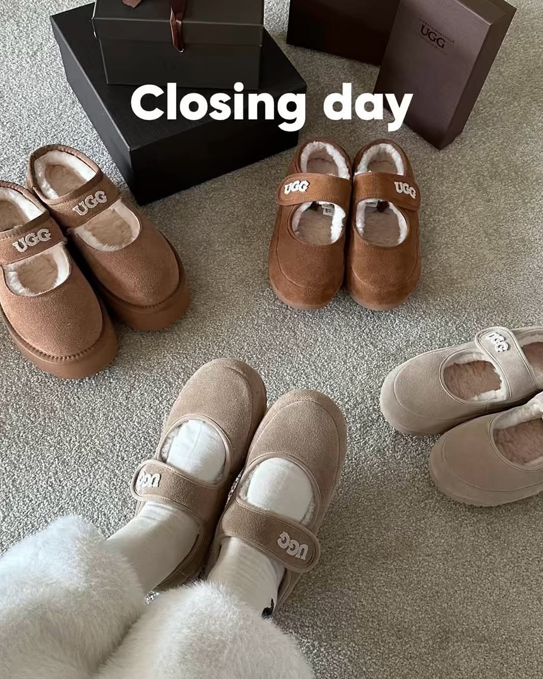 Photo by 프롬졸리 | 신혼 라이프 | 살림 & 청소 on September 27, 2025. May be an image of espadrilles, sandals, baby shoes and text that says 'Closing day VGG UGG UGG UGG UGQ ออก ၁၁၇'.