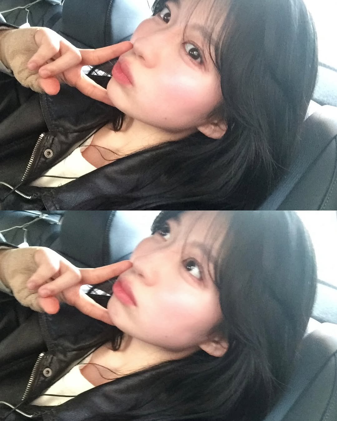 Photo by 여름 on April 11, 2025. May be a selfie of 2 people, bangs, makeup, lipstick, seatbelt and text.