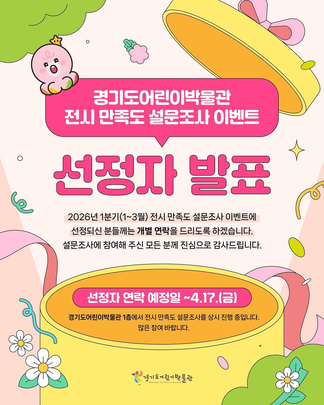 Photo by 경기도어린이박물관 on April 13, 2026. May be an illustration of poster, magazine and text that says '경기도어린이박물관 전시 만족도 설문조사 이벤트 선정자 발표 le 2026년 분기(1~3월) ~3월) 전시 만족도 설문조사 이벤트에 선정되신 분들께는 개별 연락을 드리도록 하겠습니다. 설문조사에 참여해 주신 모든 분께 진심으로 감사드립니다. 선정자 연락 예정일 ~4.17.12） .17. (금) 경기도어린이박물관 1층에서 전시 만족도 설문조사를 상시 남시진행 중입니다. 많은 참여 바랍니다. 경기도어린이 경기도어린어박물관 인이박문'.