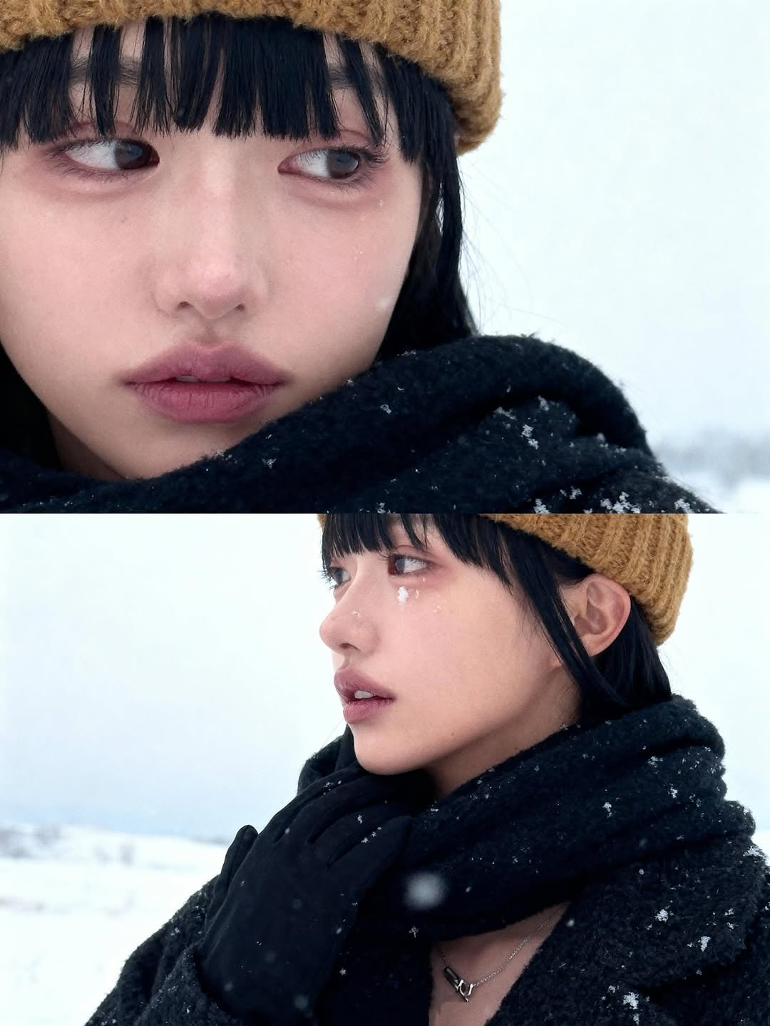 Photo by Jihye Seo on November 04, 2025. May be a closeup of one or more people, bangs, makeup, duffle coat, goosedown coat, parka, turtleneck and text.