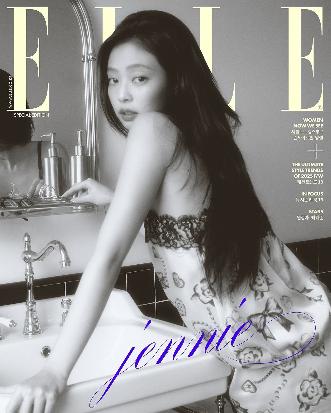 Photo shared by Gabe Sin(가베) on July 23, 2025 tagging @joynara, @ellekorea, @nail_unistella, @songgge, @chanelofficial, @jeon.minkyu, @white_lee, @annawintourrr, @hhuit, @meenmeenmeen_, and @jennierubyjane. May be an image of 1 person, hair, slip, magazine, bra, poster and text that says 'E EDITION SPECIA E WOMEN NOW 샤블로드 감스 강스부크 난곡 린계이 三业 망철 THEULTIMATE STYLETRENDS OF2025F/W 패션 스린드 미선트렌드18 18 INFOCUS 뉴시즌키득16 STARS 염접마 박미준 จวชัน jennic'.