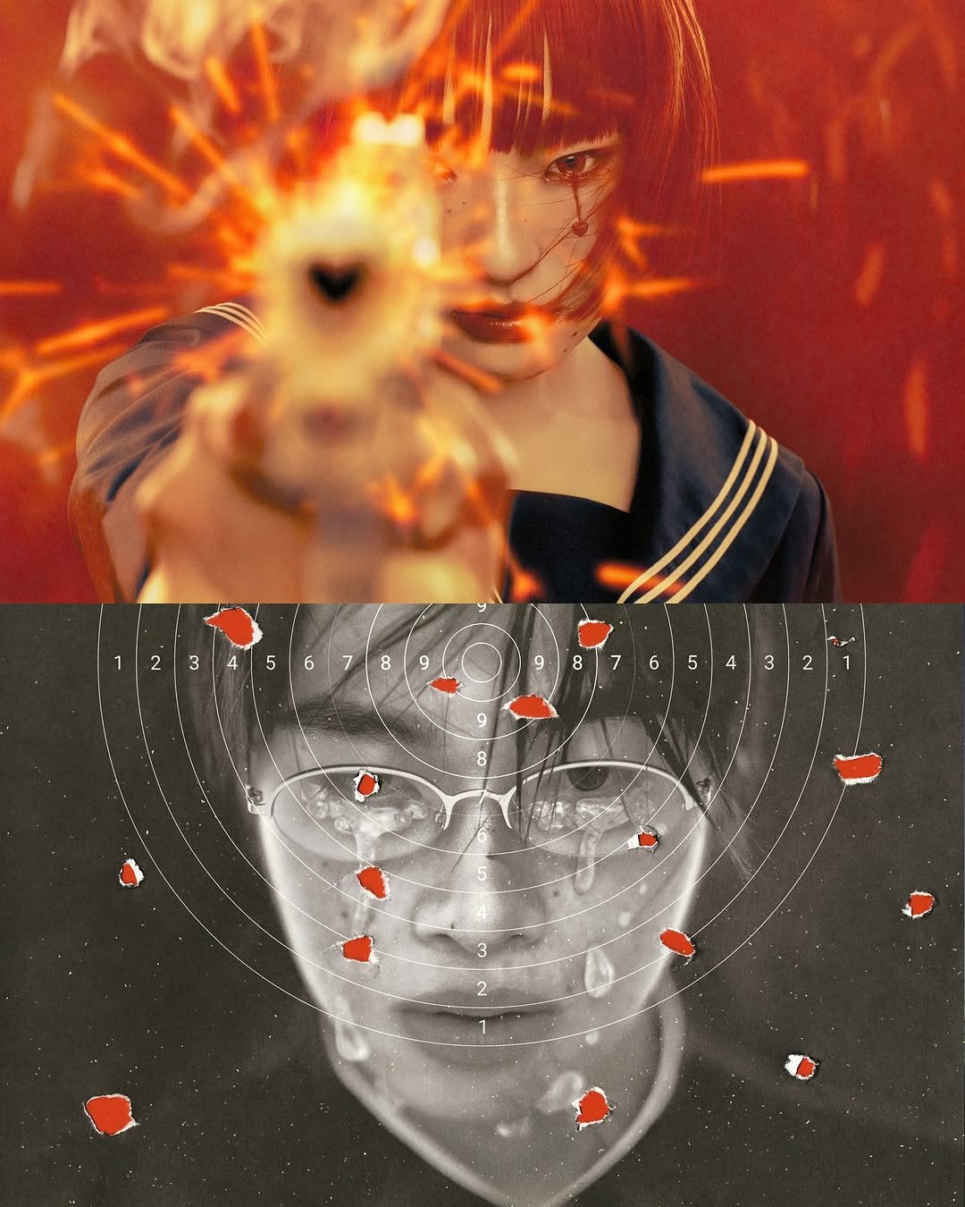 Photo shared by Gabe Sin(가베) on August 05, 2025 tagging @chogiseok, @choiyumi___, @_ryuna___, @livhsoo, @mikiayane_, and @viniorbini. May be an anime-style image of 1 person, bangs, poster, sparkler and text.