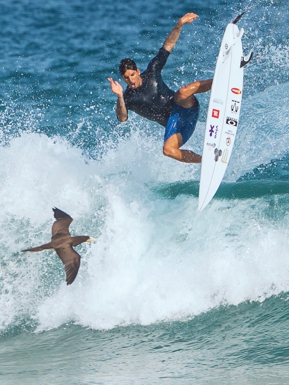 Photo shared by Gabriel Medina on February 19, 2026 tagging @neuronha. May be an image of surfboard, water and text.