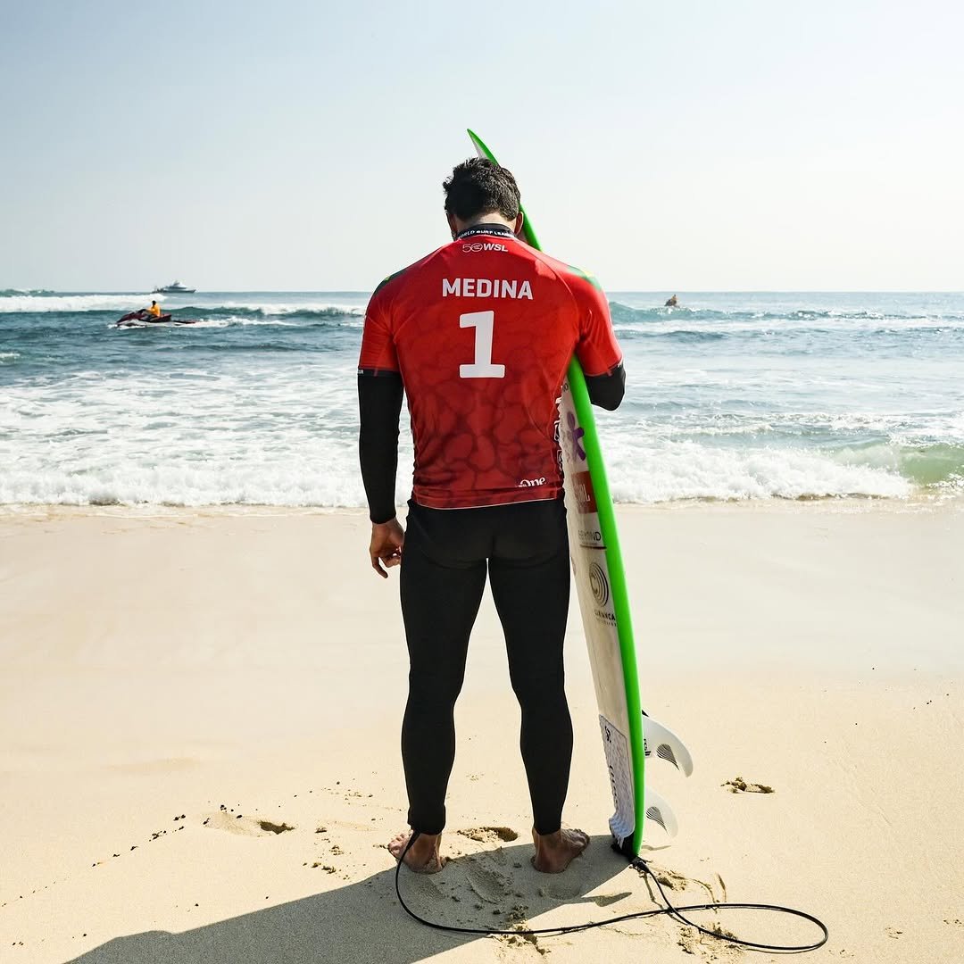 Photo by Gabriel Medina on April 16, 2026. May be an image of surfboard, skateboard, wetsuit, beach, water, ocean and text.