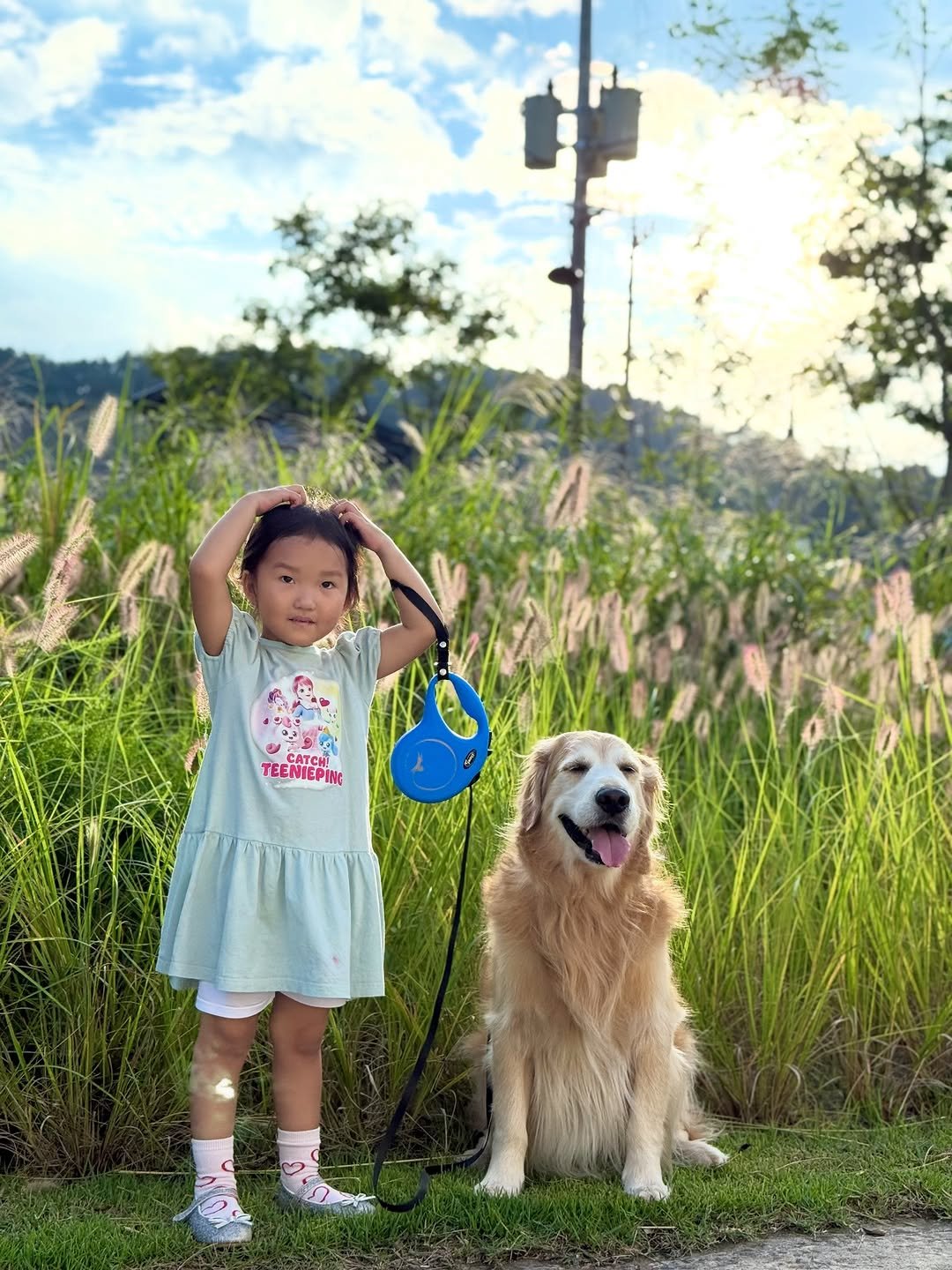 Photo by 뭉치의 개팔상팔 on September 28, 2025. May be an image of 1 person, baby, golden retriever, grass and text that says 'TEENIEPING TEENIEPING CATCHI ATC TEENIEDU'.
