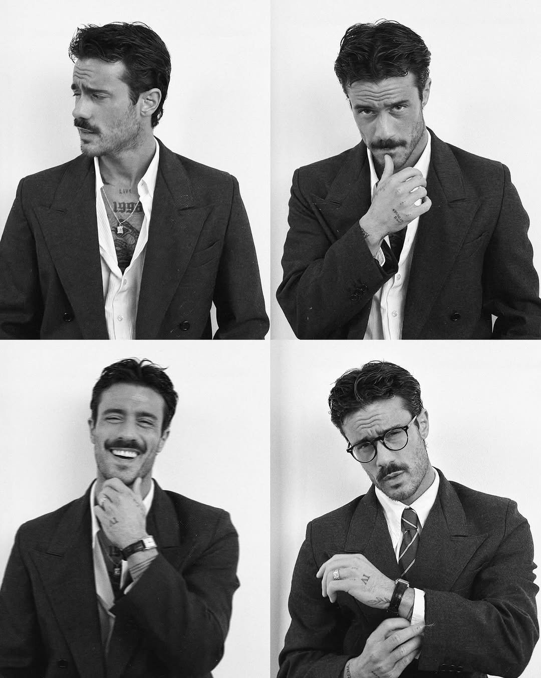 Photo by ga on November 25, 2025. May be a black-and-white image of one or more people, beard, people smoking, suit, dinner jacket and text.