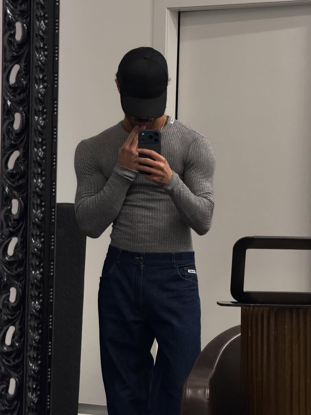 Photo shared by ga on December 19, 2025 tagging @attiresaint, @fitsonpoint__, @minimalhouse1, @ariendpt, @uniformdisplay, and @ffits4. May be a selfie of one or more people, sweatpants, turtleneck, mirror and text.