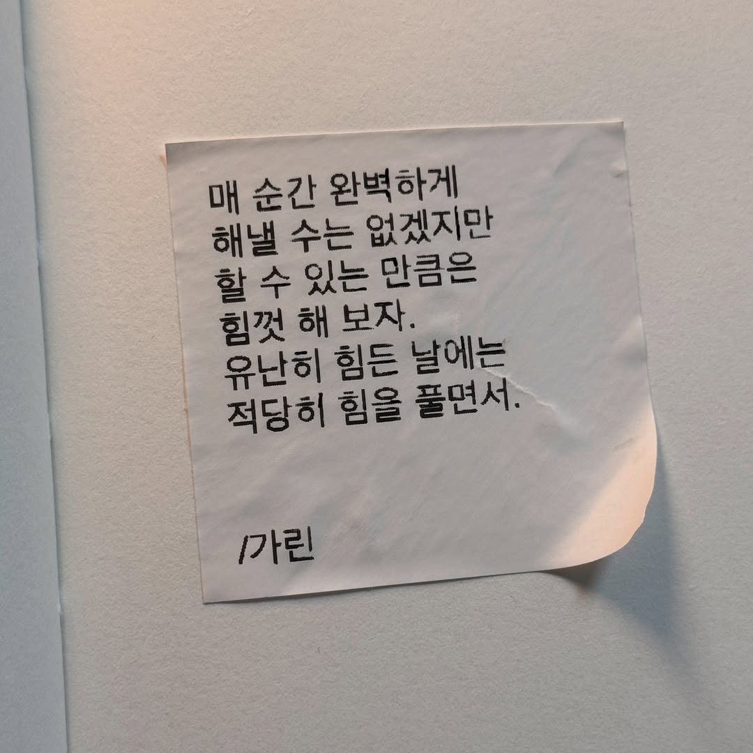 Photo by 가 린 on December 16, 2025. May be an image of text that says '매 순간 완벽하게 해낼 수는 없겠지만 할 수 있는 만큼은 힘껏 해 보자. 유난히 힘든 날에는 적당히 힘을 풀면서. 1가린'.