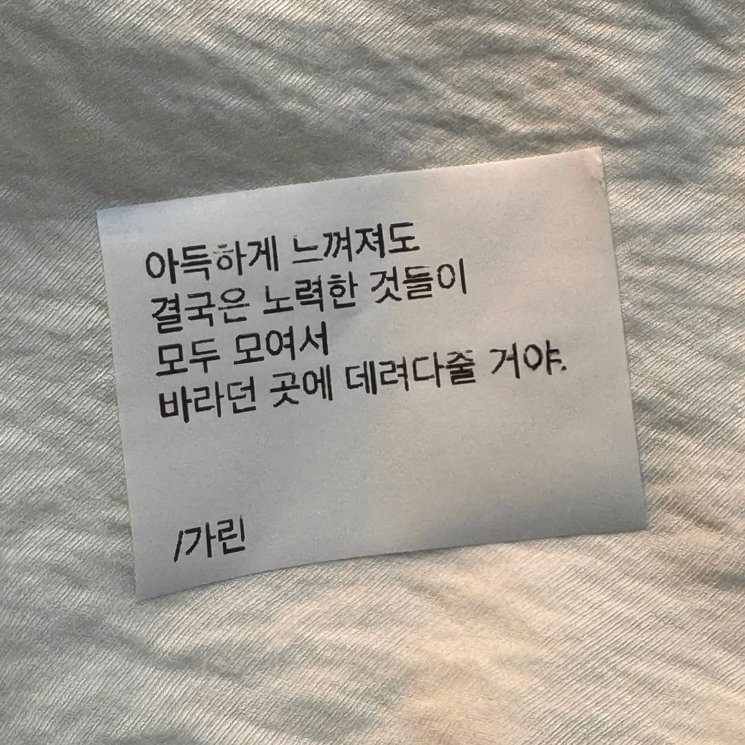 Photo by 가 린 on September 28, 2025. May be an image of napkin and text that says '아득하게 느껴져도 결국은 노력한 것들이 모두 모여서 바라던 곳에 데려다즘 거야. /가린'.
