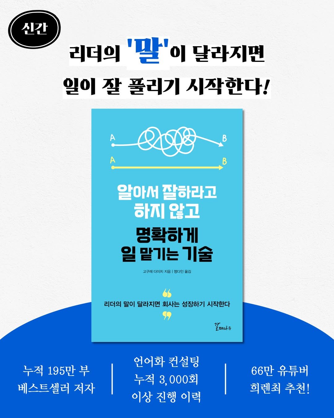 Photo by 갈매나무 on June 16, 2025. May be an image of poster, book, magazine and text that says '신간 리더의 '딸'이 달라지면 일이 잘 플리기 시작한다! A A B Q B 알아서잘하라고 알아서 잘하라고 하지 않고 명확하게 맡기는 일맡기는기술 기술 고구레 다이치 지음| 고구레디이치지음|면려인율리 명디인 옮김 리더의 말이 달라지면 회사는 성장하기 시작한다 갈그나윽 누적 195만 누적195만부 부 베스트셀러 저자 언어화 컨설팅 누적 3, 누적3,000회 000회 이상 진행 이력 66만 6만유튜버 유튜버 희렌죄 추천!'.