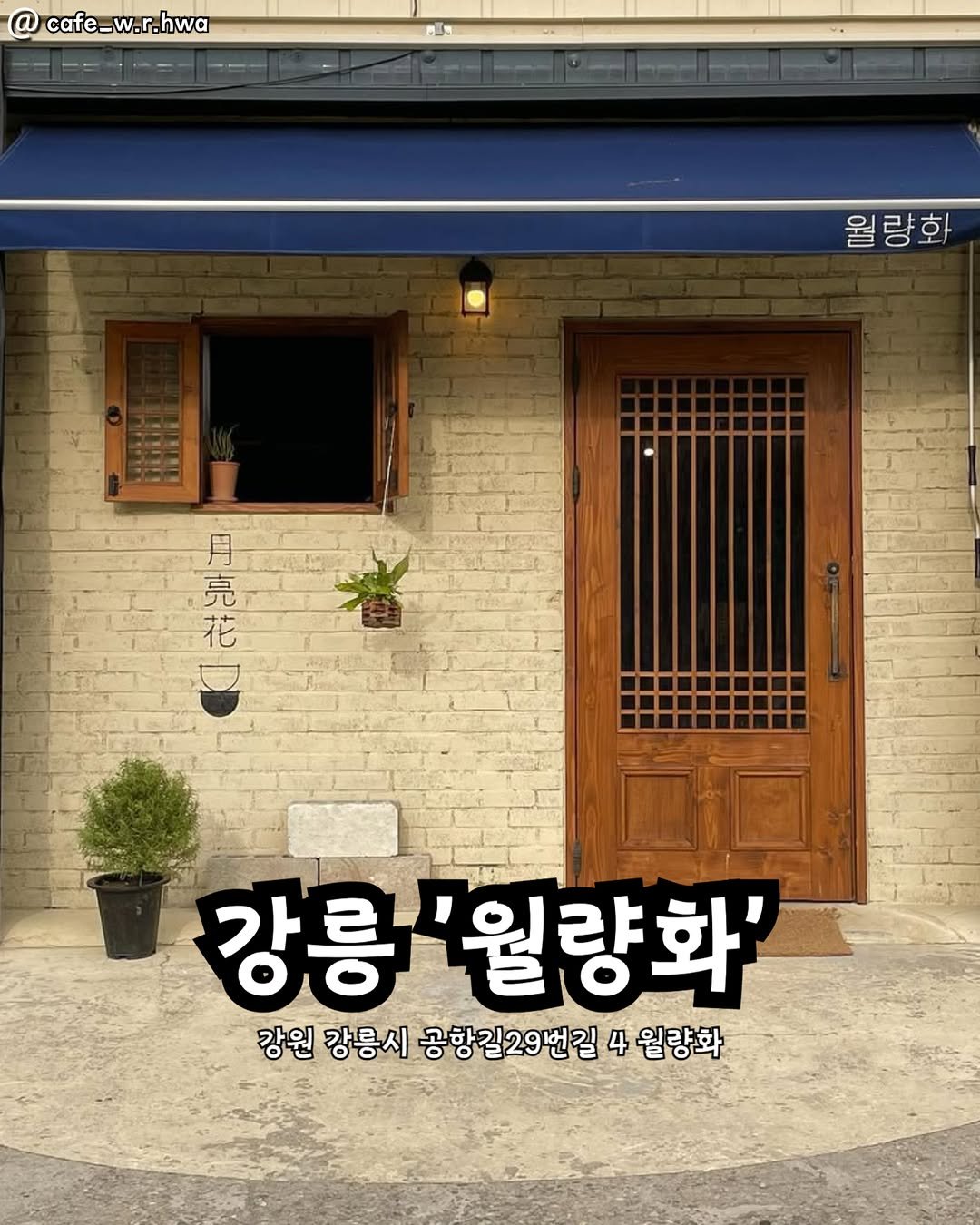 Photo by 강릉맛집 강릉핫플 속초맛집 양양맛집 동해맛집 강릉나드리 on February 15, 2026. May be an image of door and text that says 'cafe_w.r.hwa 월량화 량 月 亮 花 강릉 '월량화' 강원 강릉시 공항길29번길 4 월량화'.