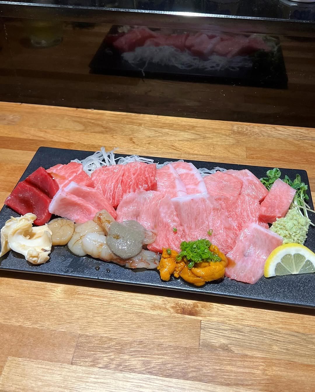 Photo shared by 가영 on July 30, 2025 tagging @choi_jun2. May be an image of sashimi, sushi, prawn and text.