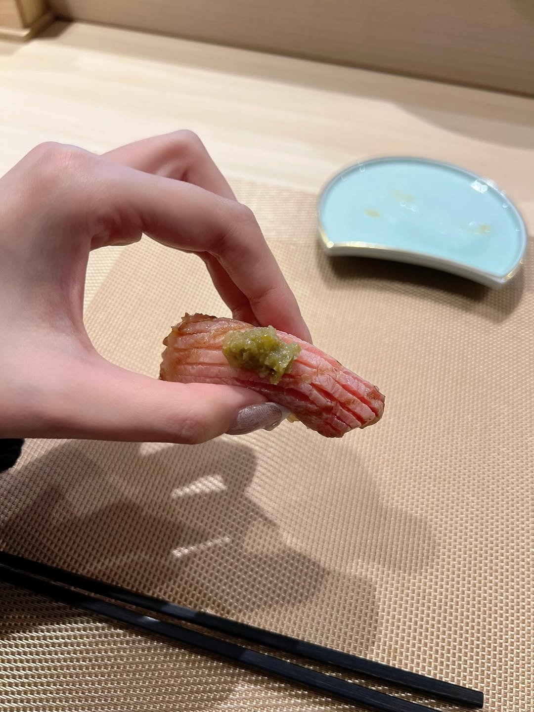 Photo by 가영 on March 05, 2026. May be an image of sashimi, sushi, prawn and text.