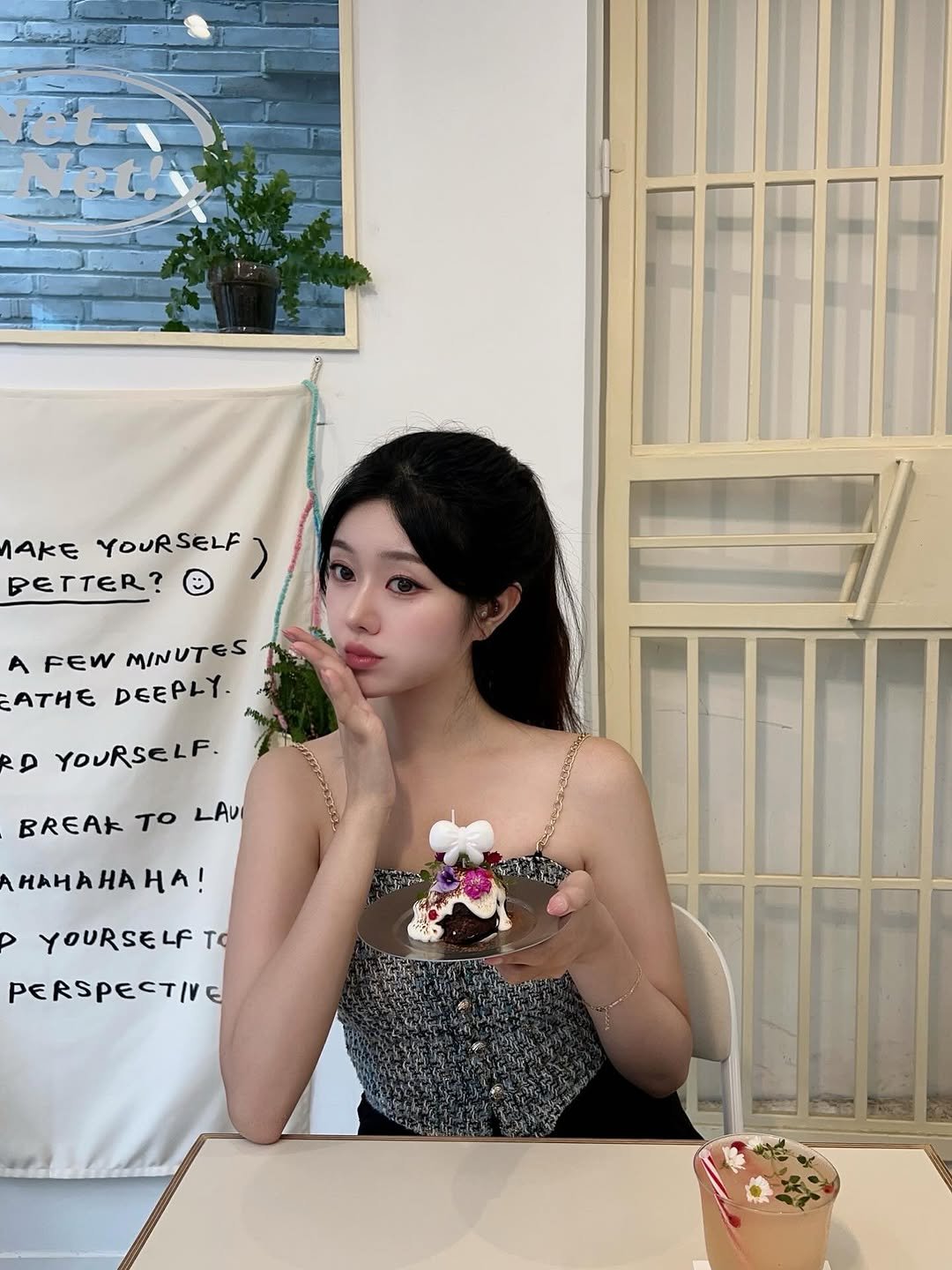 Photo by 가영 on August 31, 2025. May be an image of 1 person, hair, dessert and text.
