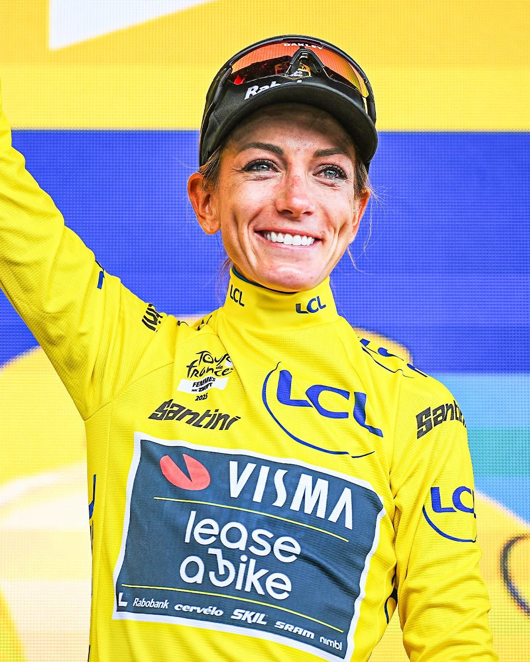 Photo shared by GCN Racing on August 04, 2025 tagging @paulineferrandprevot. May be an image of 1 person, racing a vehicle and text that says 'Rok a TOy Tronce -2 FECIT santine 2035 2025 LCL Stanta 石 lease Rabobank cervélo SKIL SRAM abike nimbi'.