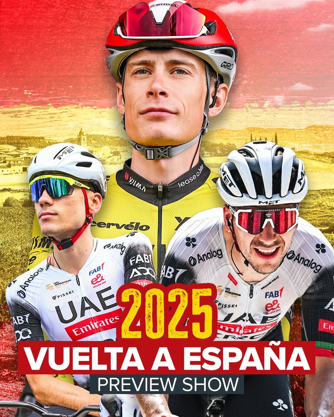 Photo by GCN Racing on August 19, 2025. May be an image of 3 people, bicycle, poster and text.