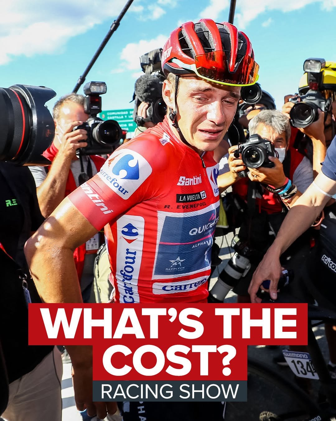 Photo by GCN Racing on August 18, 2025. May be an image of 2 people, people racing vehicles, bicycle and text that says '코E ntini หก&้ rrefour arref C Santimi LAVUELTA22 VUELTH LA EVENEPOEL QUICE ALPHAV MAMICE ICiCo ICICO はる WHAT'S THE COST? RACING SHOW SAUTRIVO 134 134'.