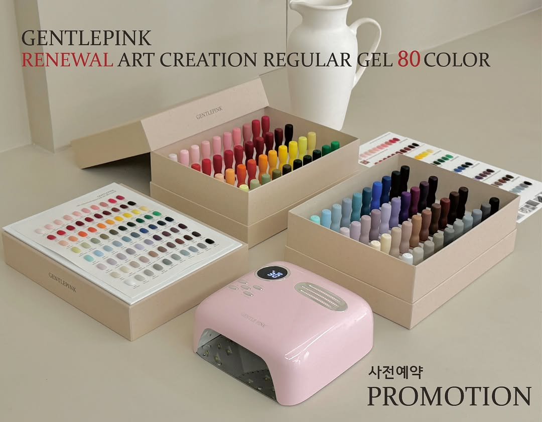 Photo by GENTLEPINK 젠틀핑크 공식 인스타그램 on December 01, 2025. May be an image of ‎sharpener and ‎text that says '‎GENTLEPINK RENEWAL ART CREATION REGULAR GEL GEL80COLOR 80 COLOR GENTLEPINA SENT AEPyHR, ترخی AEVA 사전예약 PROMOTION‎'‎‎.