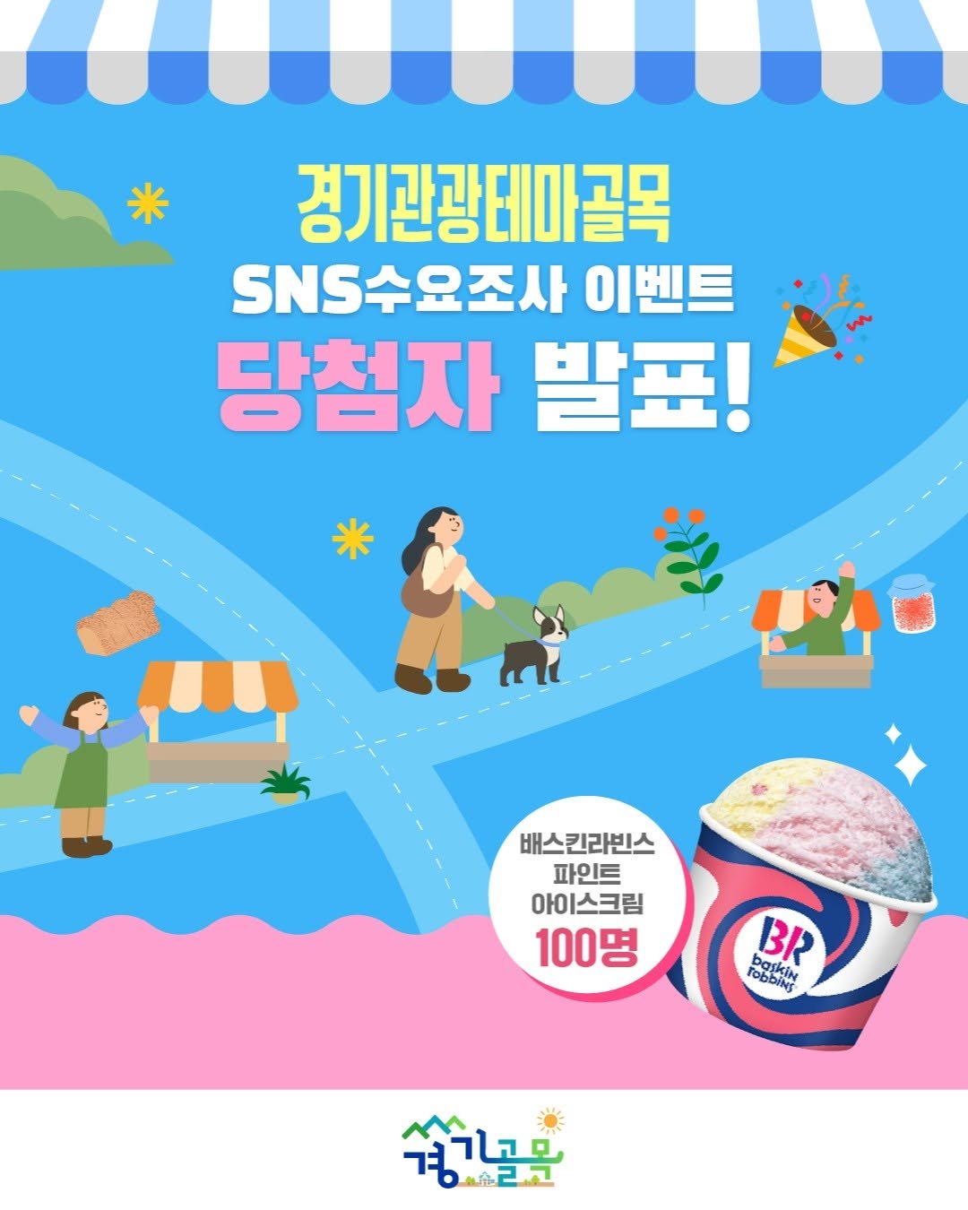 Photo by 경기골목 on August 06, 2025. May be an image of poster and text that says '경기관광테마골목 SNS수요조사 이벤트 당첨자 발표! 배스킨라빈스 파인트 아이스크림 100명 FObEtitN Baskin BR عحاتب 경불고 b己H'.