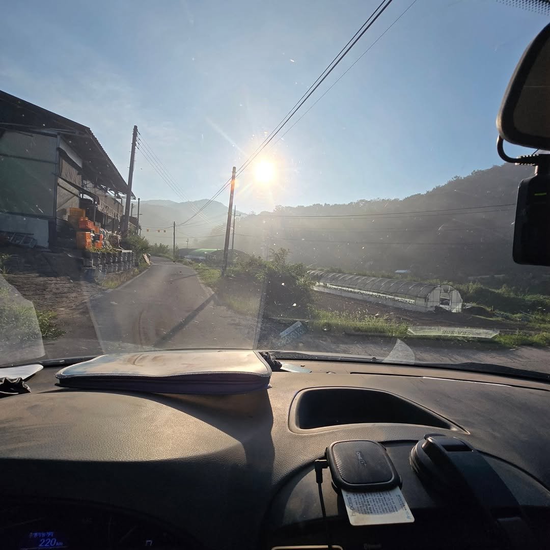 Photo by [꼬불꼬불팜] 의성마늘/깐마늘/자두/고추/현미쌀 on August 24, 2025. May be an image of rearview mirror, windshield, fog, road, telephone pole and text.