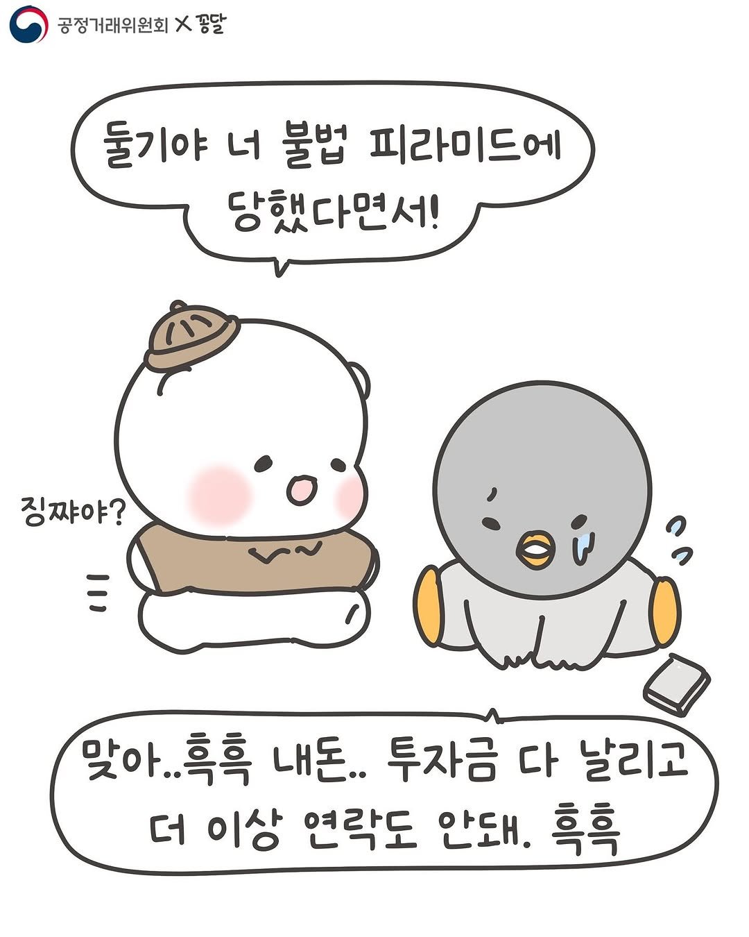 Photo by 힐링곰 꽁달이 on June 17, 2025. May be a doodle of penguin and text that says '공정거래위원회 x 꽁달 둘기야 너 불법 피라미드에 당했다면서! 징짜야? 맞아..흑흑 맞아. 흑흑 내톤.. 투자금 다 날리고 더 이상 연락도 안돼, 흑흑'.