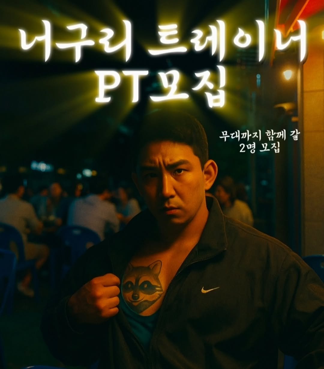 Photo by 고대열🦝｜여의도PT on November 09, 2025. May be an image of poster and text that says '너구리 트레이니 .T모집 무대까지 함께 갈 2명 2명모집 모집 10'.