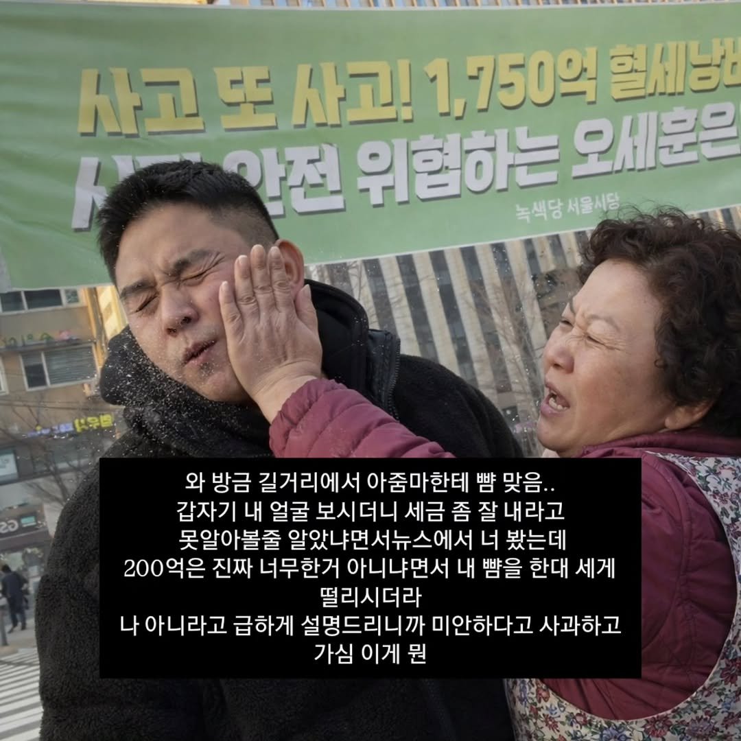 Photo by 고대열🦝｜여의도PT on January 30, 2026. May be an image of one or more people and text that says '사고 또 사고! 1,750억 혈세방 오새운물 K3 안전 위험하는 녹색당 녹색당서울서당 서울시당 와 방금 길거리에서아줌마한테 길거리에서 아줌마한테 뺨 맞음.. 갑자기 내 얼굴 보시더니 세금 좀 잘 내라고 못알아볼줄 알았냐면서뉴스에서 너 봤는데 200억은 진짜 너무한거 아니냐면서 내 뺨을 한대 세게 떨리시더라 나 아니라고 급하게 설명드리니까 미안하다고 사과하고 가심 이게 뭔'.