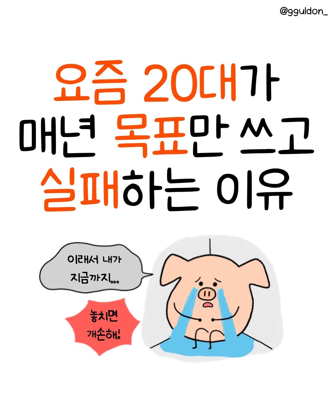 Photo by 꿀돈이 | 재테크툰 on February 19, 2026. May be an illustration of poster and text that says '@gguldon_ 요즘 20대가 매년 목표만 M 쓰고 실패하는 이유 이래서 내가 지금까지... 놓치면 개손해!'.