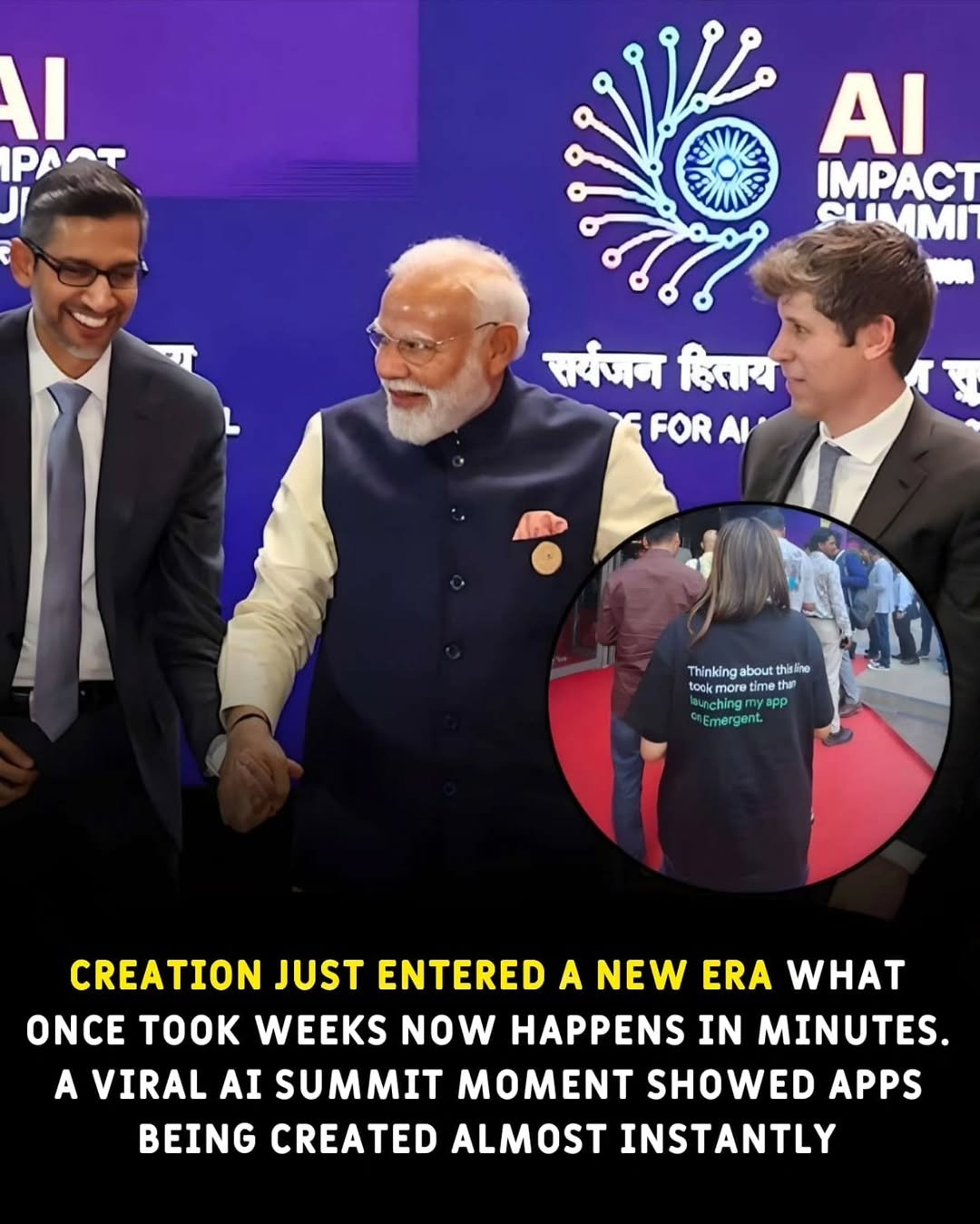 Photo by ghantaa on February 19, 2026. May be a graphic of one or more people, people standing, screen, poster and text that says 'I PAOT AI IMPACT CUMMI सुर्यजन दित्ाय FOR AI Thinking about Thinkingaboutthalne thilne toak more rem time han ncning Emergent CREATION JUST ENTERED A NEW ERA WHAT ONCE WEEKS NOW HAPPENS IN MINUTES. A VIRAL AI SUMMIT MOMENT SHOWED APPS BEING CREATED ALMOST INSTANTLY'.