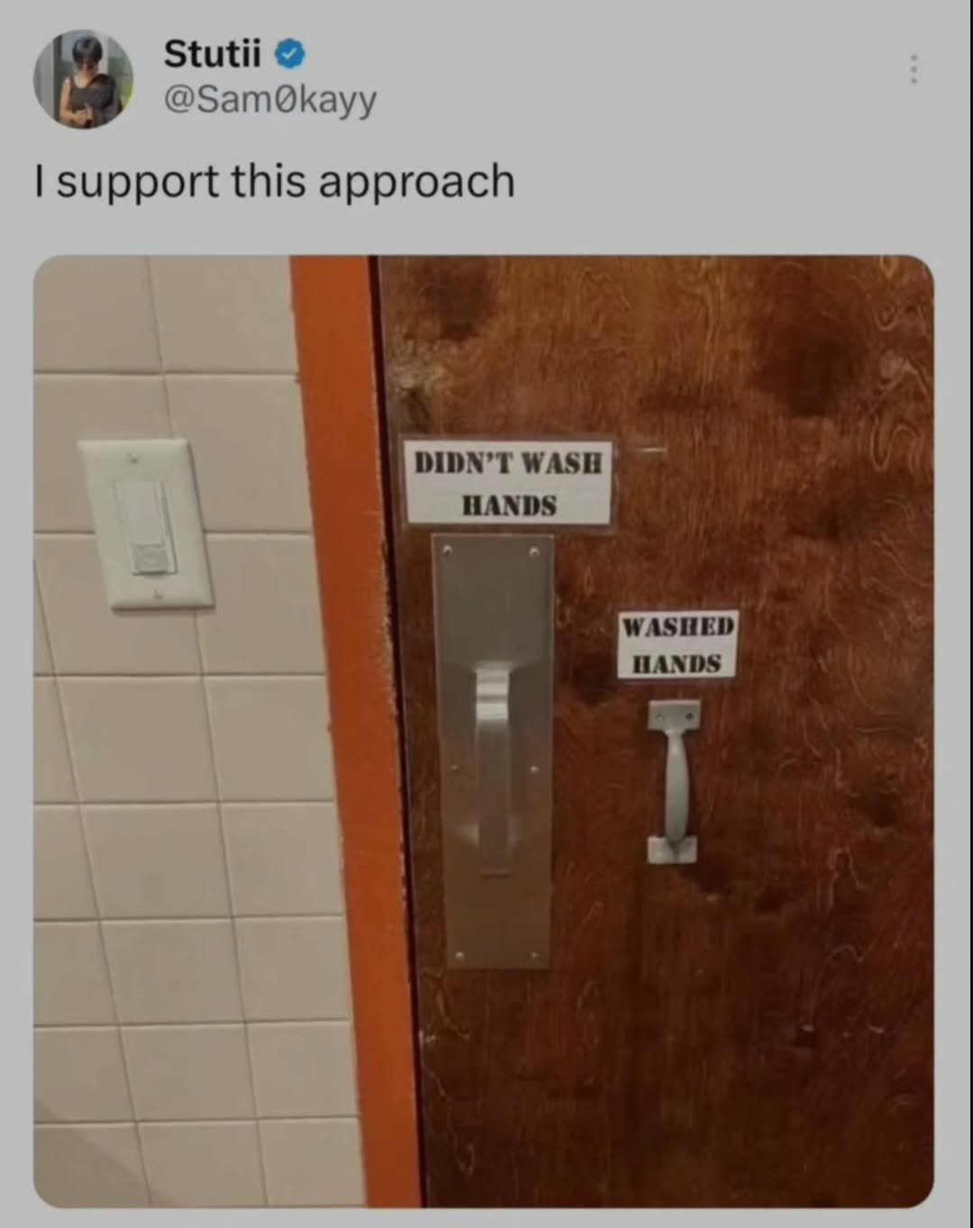 Photo by ghantaa on February 19, 2026. May be a Twitter screenshot of light switch, thermostat and text that says 'Stutii @SamOkayy I support this approach DIDN'T DIDN'TWASH WASH HANDS WASHED HANDS'.