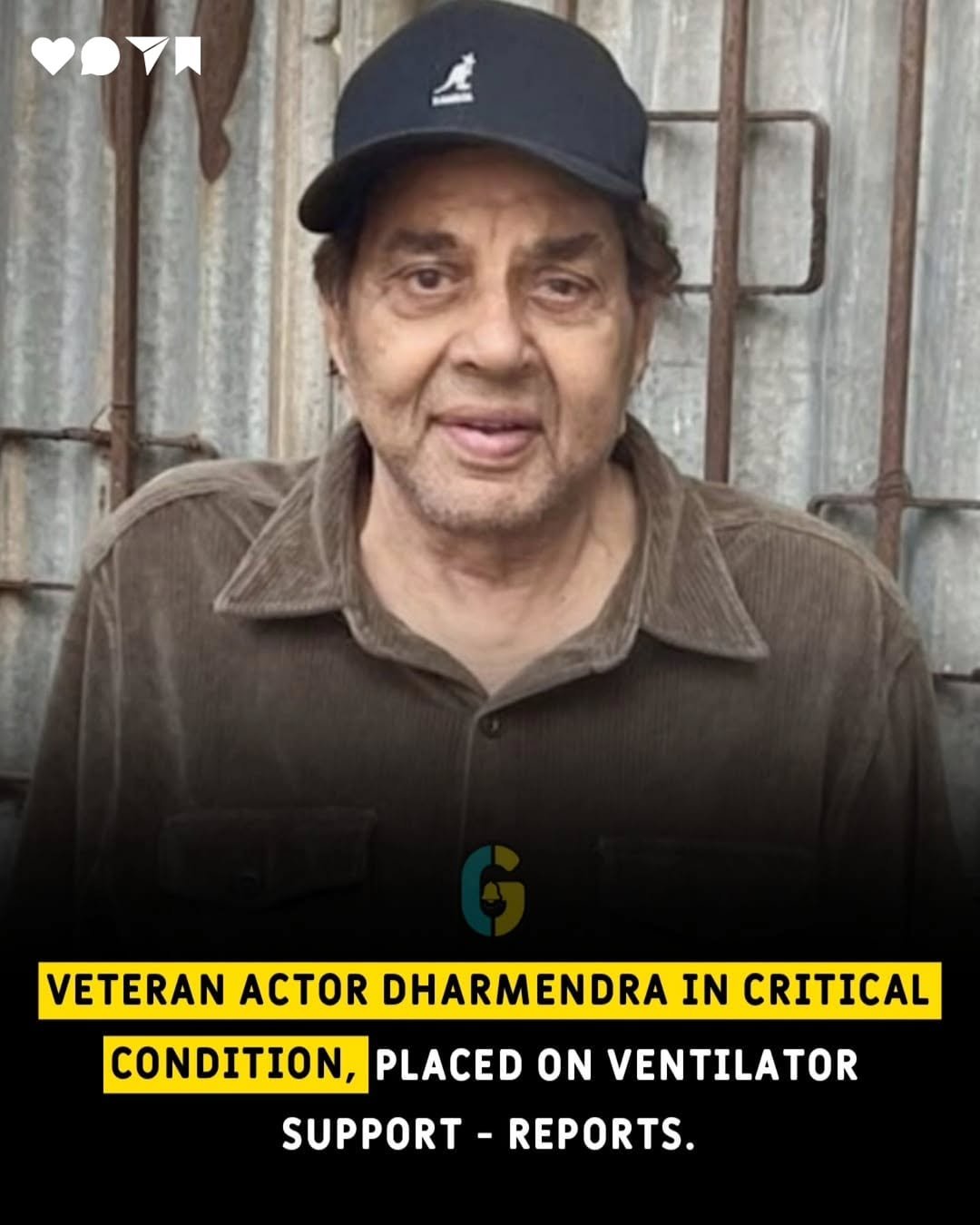 Photo by ghantaa on November 10, 2025. May be a meme of one or more people, people standing, poster and text that says 'VETERAN ACTOR DHARMENDRA IN IN CRITICAL CONDITION, PLACED ON ON VENTILATOR SUPPORT-REPORTS. REPORTS. SUPPORT'.
