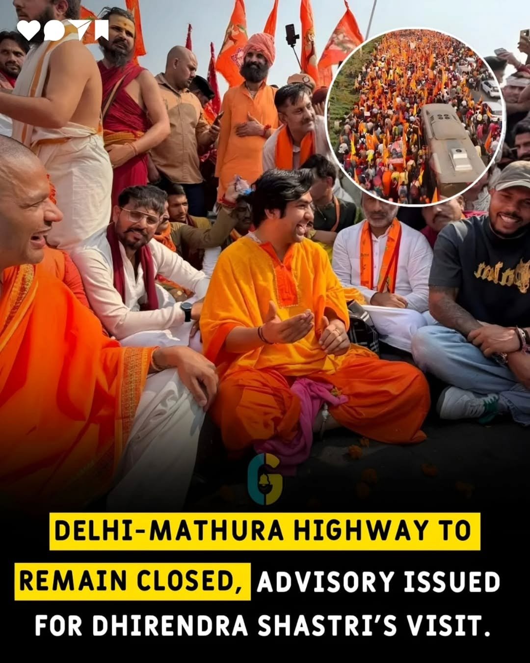Photo by ghantaa on November 10, 2025. May be an image of road and text that says 'KoAble 7 รายโทร DELHI-MATHURA HIGHWAY to REMAIN CLOSED, ADVISORY ISSUED FOR DHIRENDRA SHASTRI'S VISIT'.