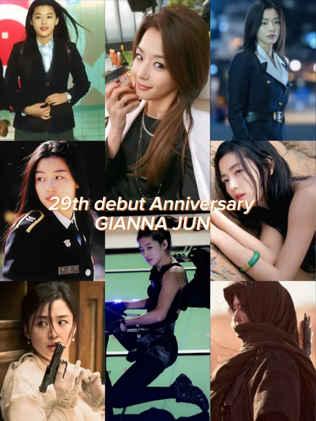 Photo shared by 전지현 Gianna Jun/Jun Ji Hyun on April 01, 2026 tagging @hearts_ultrapeku, @managersim, @seoulbase, @stylist_hjw, and @everything.is.peachy. May be an image of one or more people, poster and text that says '29th debut Anniversary GIANNA JUN'.