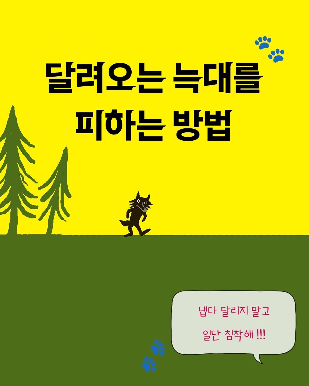 Photo by 길벗어린이 on February 12, 2026. May be a cartoon of poster and text that says '달려오는 늑대를 피하는 방법 냅다 달리지 다달리지말고 말고 일단 침착해!!! !!!'.