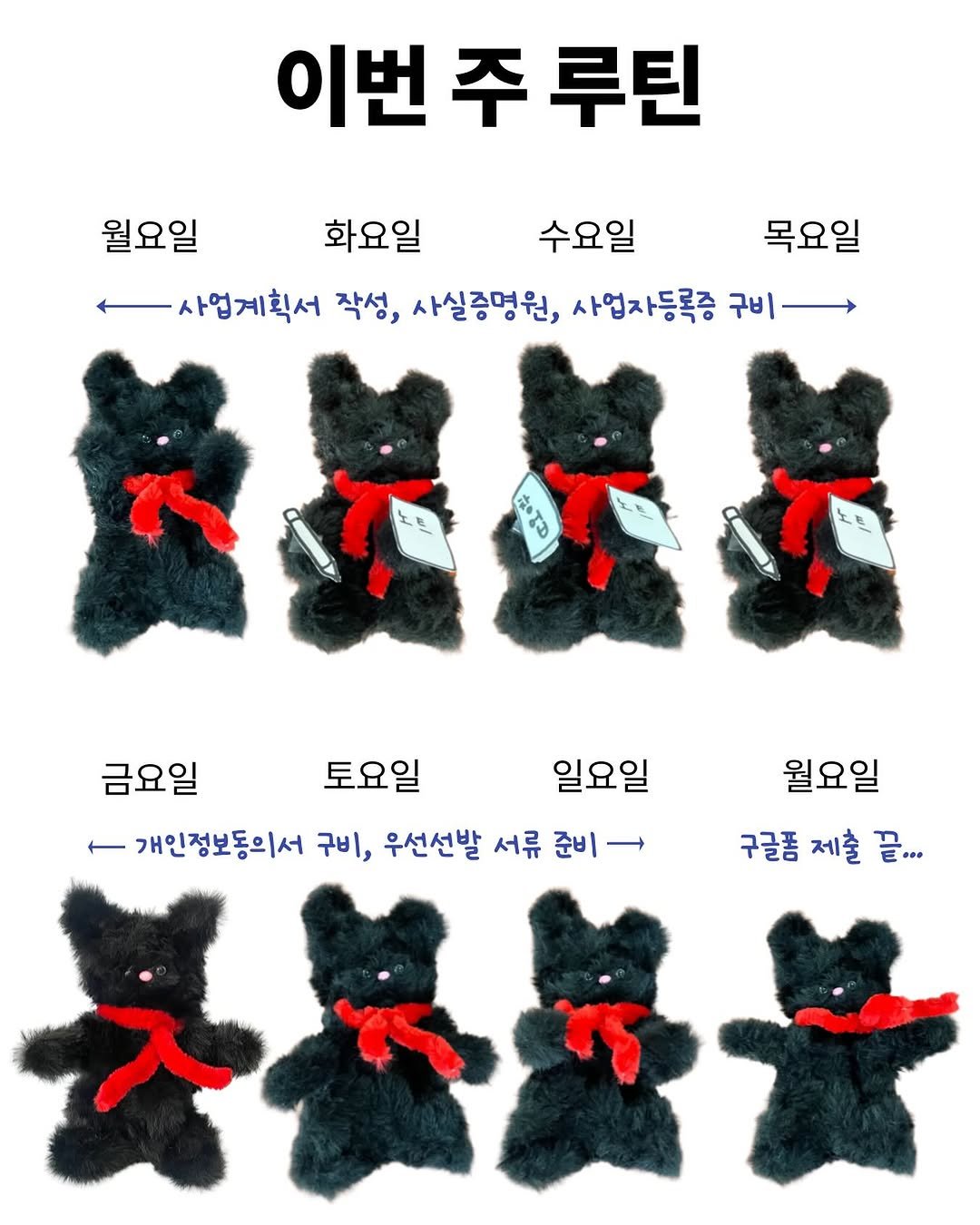 Photo by 청년공간 길:이음 on September 09, 2025. May be an image of ‎duffle coat, toy and ‎text that says '‎이번 주 루틴 월요일 화요일 수요일 목요일 사업계획서 작성, 사실증명원, 사업자등록증 구비- 사업계회서작석,실정현,사업화동록케ㅡ 구비 מסלא! 금요일 토요일 일요일 개인정보동의서 구비, 우선선발 서류 준비 준비 월요일 구글폼 구글폼 제출 구글폼제출끝... 끝... عل‎'‎‎.