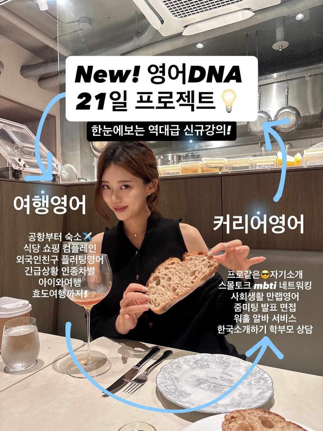 Photo by 지나쌤 | Gina on January 17, 2026. May be an image of ‎pie and ‎text that says '‎New! 영어DNA 21일 프로젝트 한눈에보는 역대급 신규강의! ل م 커리어영어 여행영어 공항부터 숙소. 식당 쇼핑 컴플레인 외국인친구 플러팅영어 긴급상황 인종차별 아이와여행 효도여행까지 프로같은자기소개 자기소개 프로같은 스몰토크 mbti 네트워킹 사회생활 만랩영어 줌미팅 발표 면접 워홀 알바 서비스 한국소개하기 학부모 상담‎'‎‎.