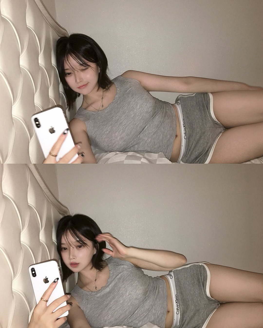 Photo by 오 지은 on August 05, 2025. May be an image of 2 people, hair, sleepwear, phone and text.
