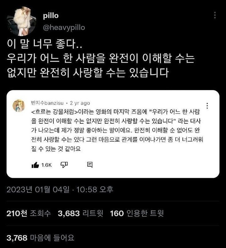 Photo by 애열 on September 19, 2025. May be a Twitter screenshot of text that says 'pillo @heavypillo 이 말 너무 좋다.. 우리가 어느 한 사람을 완전이 이해할 수는 없지만 완전히 사랑할 수는 있습니다 반지수banzisu 2 yr ago <흐르는 강물처럼>이라는 영화의 마지막 즈음에 "우리가 어느 한 사람 을 완전이 이해할 수는 없지만 완전히 사랑할 수는 있습니다" 라는 대사 가 나오는데 제가 정말 좋아하는 말이에요. 완전히 이해할 순 없어도 완 전히 사랑할 수는 있다 그런 마음으로 관계를 이어나가면 좀 더 너그러워 질 수 있는 것 같아요 1.6K 2023년01월 04일 10:58오후 210천 조회수 3,683 0천조·수3,683리트월160인용한트원 리트윗 160 인용한트윗 3,768 마음에 768마음에들어요 들어요'.