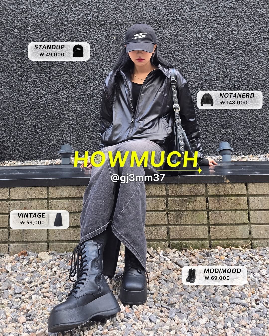 Photo shared by 하우머치 코리아 (HOWMUCH KOREA) on March 03, 2026 tagging @gj3mm37, and @outfitbattles_korea. May be an image of duffle coat, goosedown coat, beret, boots, parka and text that says 'STANDUP W 49.000 Ω.ca NOT4NERD W 148, 148,000 000 Ho WMUCH LO @gj3mm37 VINTAGE W 59,000 59, MODIMOOD w 69 9,000 9,'.