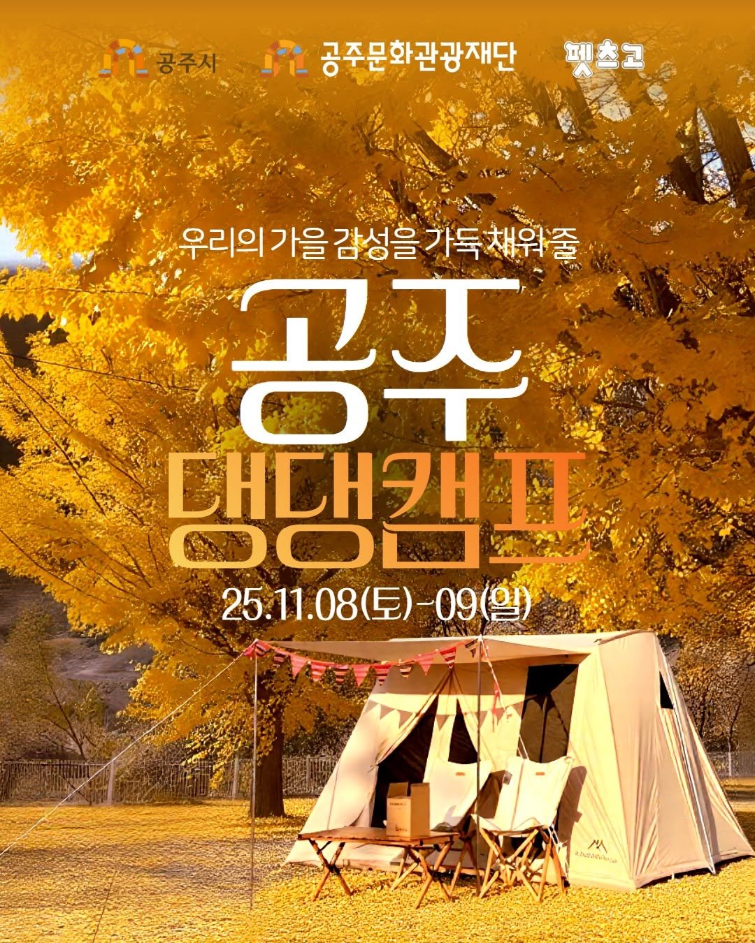 Photo by 공주문화관광재단 on November 03, 2025. May be an image of ‎campsite, tent, poster, magazine, outdoors and ‎text that says '‎공주시 공주문화관광재단 페츠고 우리의가을 감성을 우리의가을감성을가독체약줄 가독채워줄 공조 EHE DODE 25.11.08（豆） （)-09 09 （豆）- / اد‎'‎‎.
