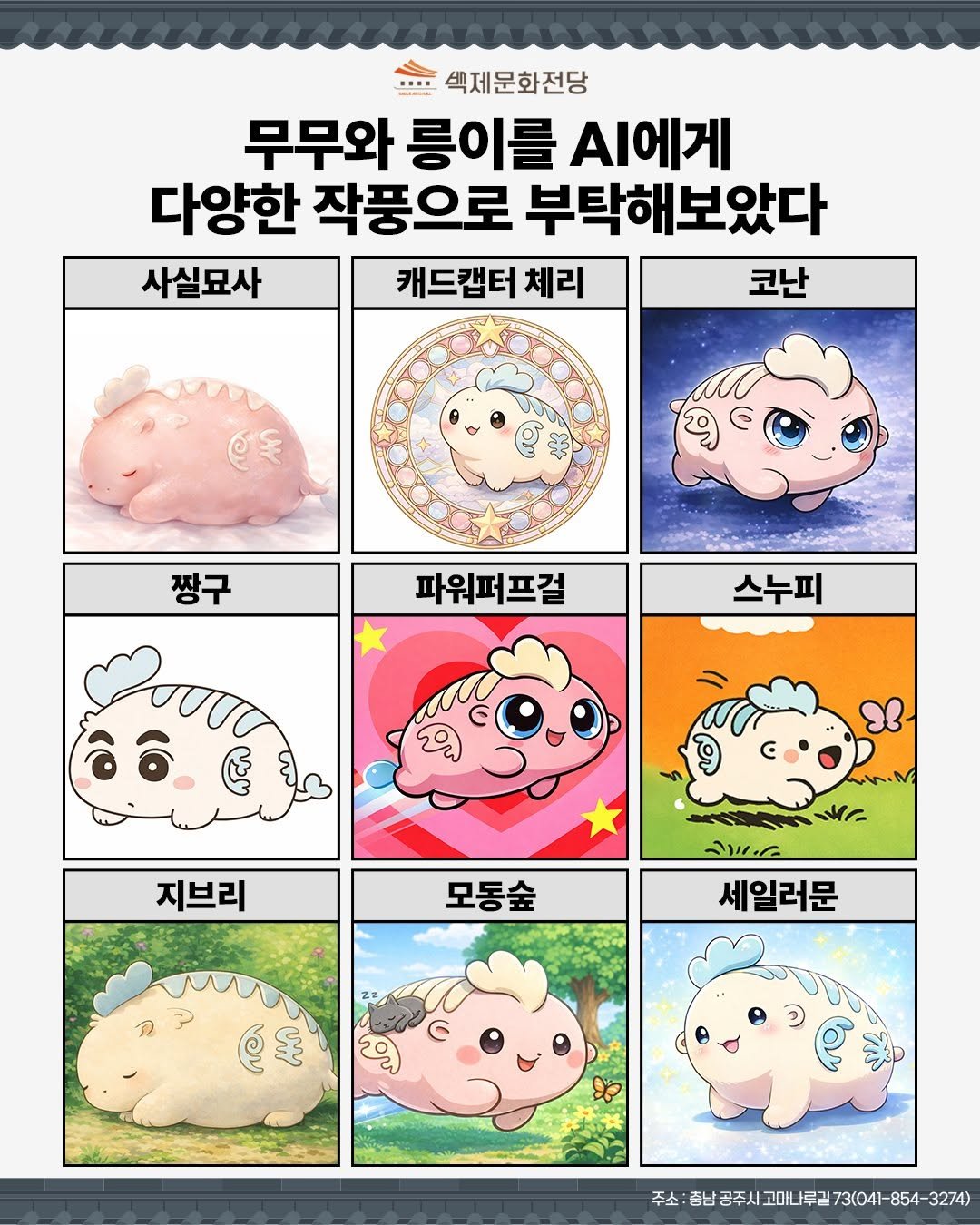 Photo by 공주문화관광재단 on February 11, 2026. May be an illustration of text that says '섹제문화전당 무무와 릉이를 AI에게 다양한 작풍으로 부탁해보았다 사실묘사 캐드캡터 체리 코난 @ 짱구 파워퍼프걸 스누피 지브리 ٨ 모동숲 もごこの 세일러문 ទ 돌 é 주소 수소시항남공주사고아나무길73(4-854-3274) 충남 공주시 고마나루금'.