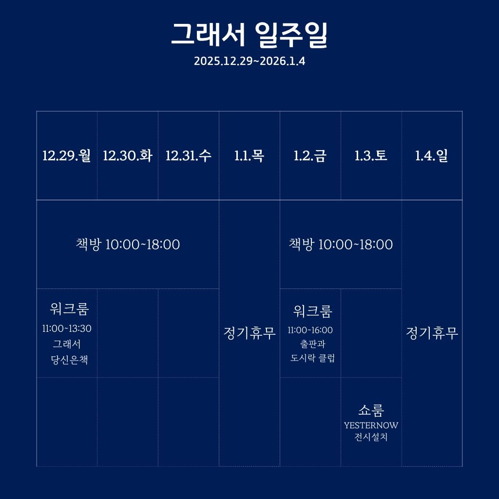 Photo by 그래서 on December 28, 2025. May be an image of poster, calendar and text that says '그래서 일주일 2025.12.29-2026.1.4 12.29. 12.29.월12.30.화 월 12.30.화 12.31.수 1.1.목 1.2.금 1.3.토 1.4.일 책방 10:00-18:00 책방 10:00~18:00 워크룸 11:00-13:30 11:00- 그래서 당신은잭 워크룸 정기휴무11:00-16:00 출판과 정기휴무 11:00-16:00 도시락클럽 정기휴무 쇼룸 YESTERNOW 전시설치'.