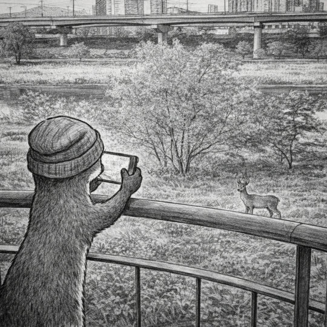 Photo by 지식공동체 그믐 l 온라인 독서모임 플랫폼 on April 19, 2026. May be a black-and-white image of deer, bridge and text.