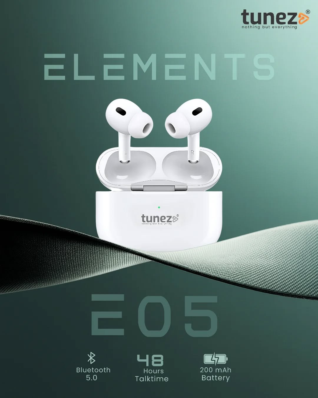 Photo by Tunez on October 10, 2025. May be an image of text that says 'tuneza® ® nathing but nathingbutavarything but avarything ELEMENTS tuneza strIn おっr一まい nesn መር だの取1 Bluetooth 5.0 48 Hours Talktime 200mAh 200 mAh Battery'.