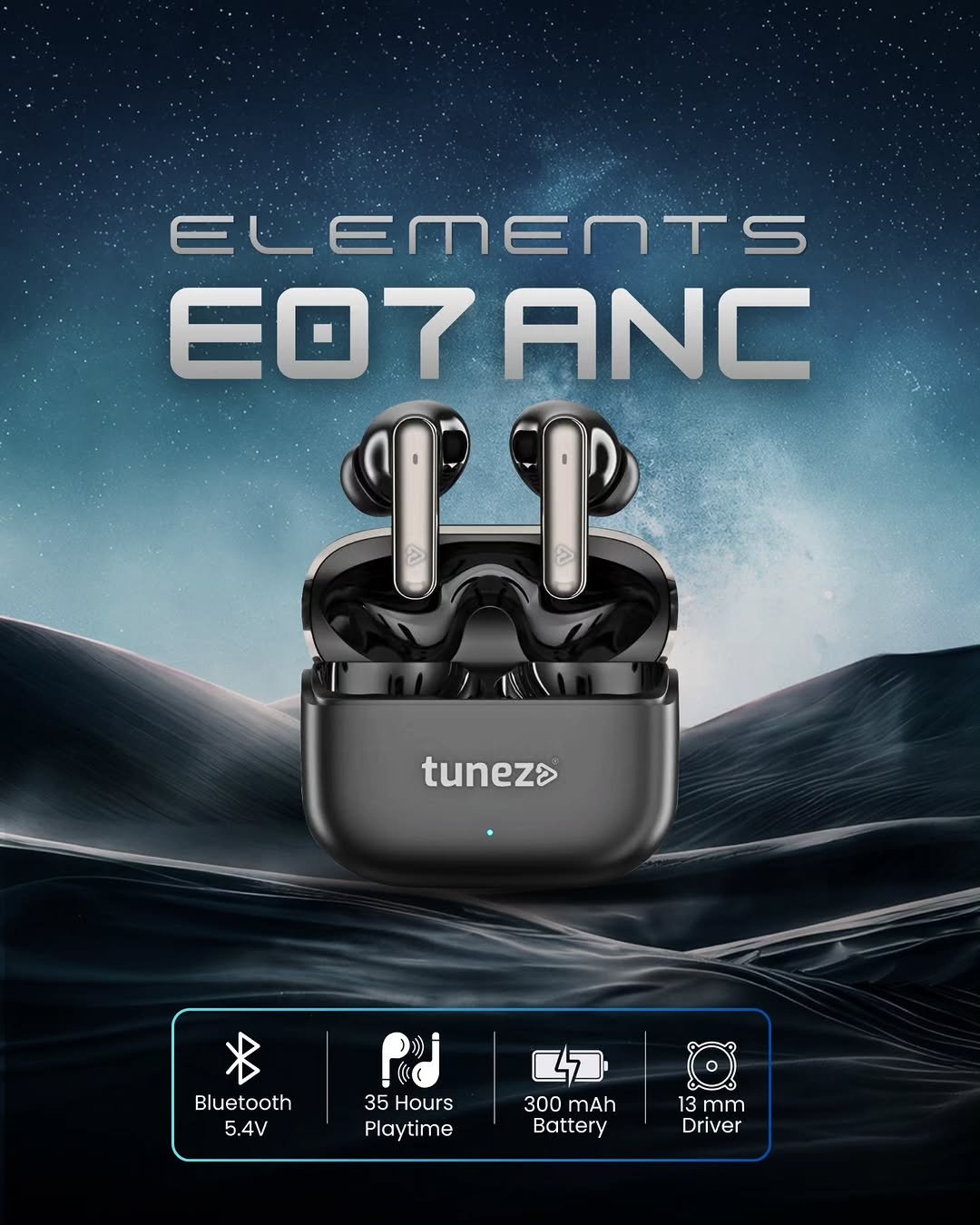 Photo by Tunez in Bangalore, India. May be an image of speaker, stereo, subwoofer and text that says 'ELEMENTS EO7ANC EO7 ANC tuneza Bluetooth 5.4V 知 35 Hours Playtime 300 mAh Battery 13 mm Driver'.