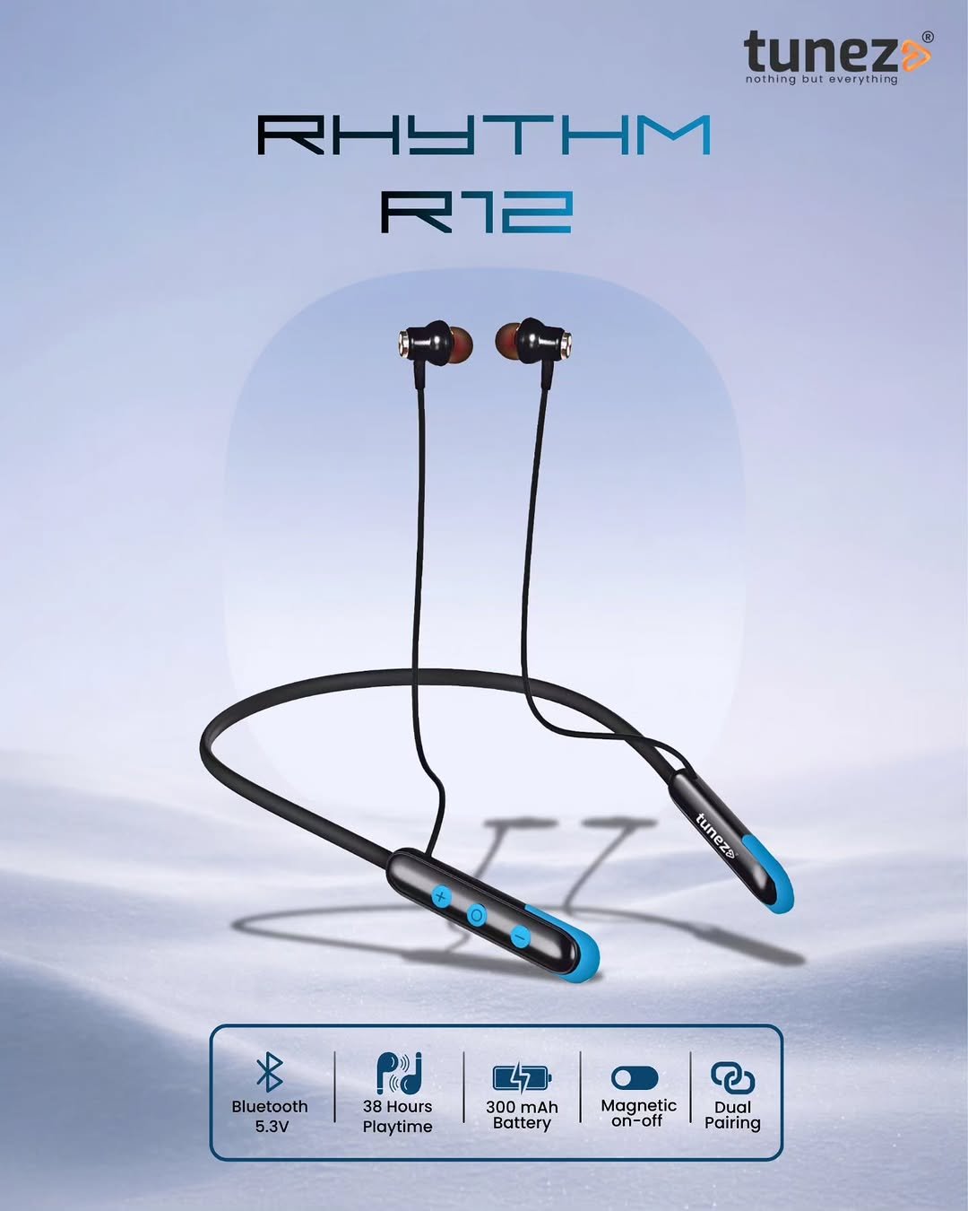 Photo by Tunez in Bangalore, India. May be an image of musical instrument and text that says 'tuneza nothing อน everything thing RHYTHM R7ㄹ tuneza tunezo B Bluetooth 5.3V 38 38 8Hours Playtime 300 mAh Battery Magnetic on-off Dual Pairing'.