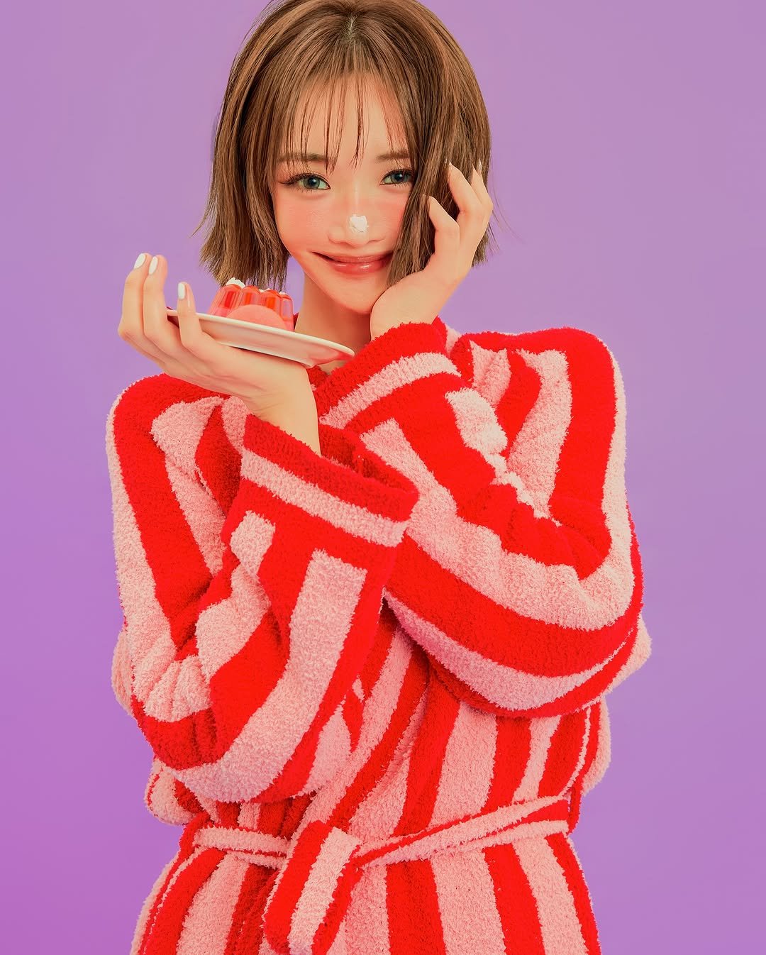 Photo shared by 고준희 GOJOONHEE on November 10, 2025 tagging @wigglewiggle.official. May be an image of one or more people, hair, makeup, sleepwear, sweater, bath robe and text.