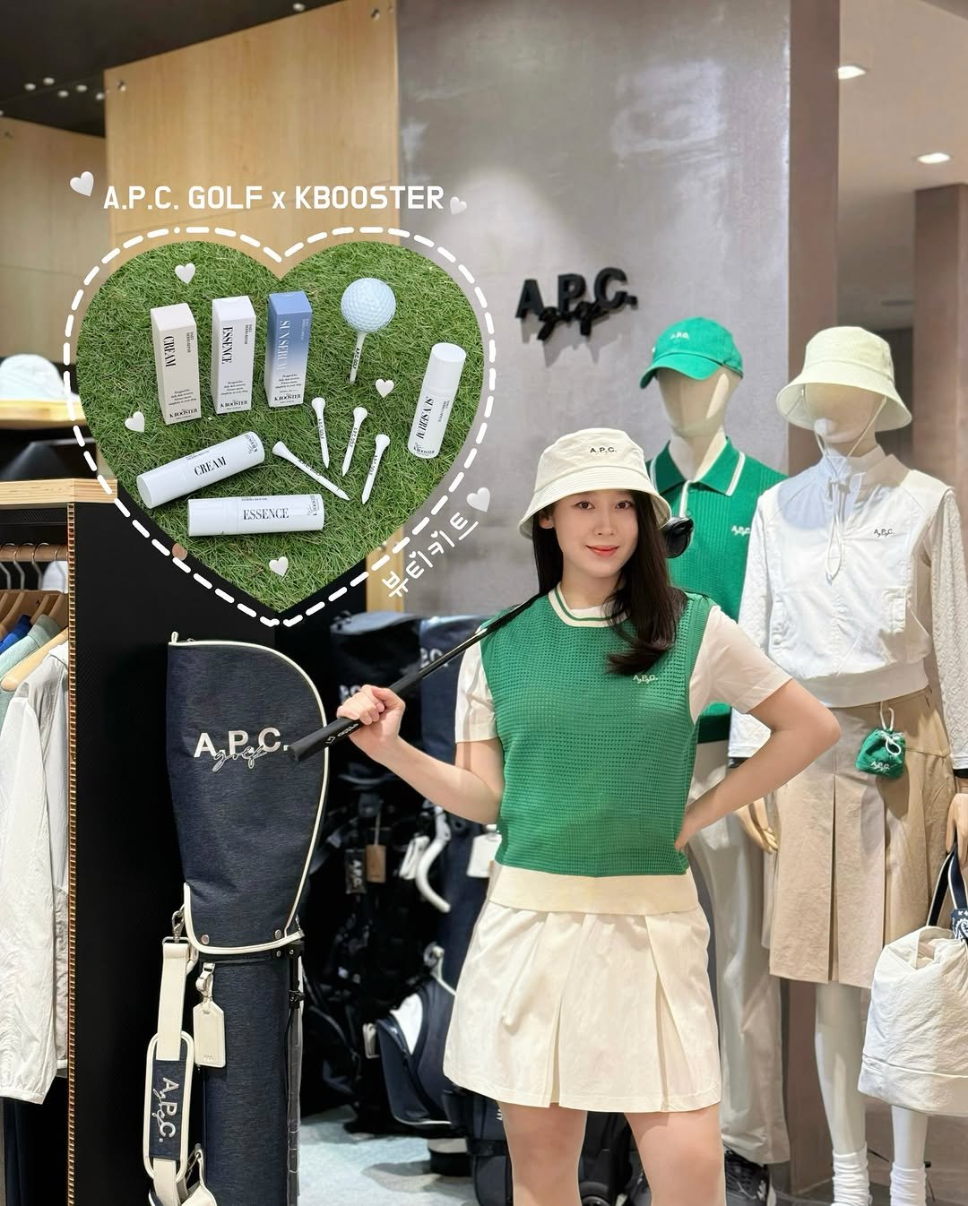 Photo shared by 골쀼ㅣ골프 인플루언서⛳ on April 08, 2026 tagging @apcgolf, @a.p.c_golf, and @kbooster.kr. May be an image of golf, hat, top, shorts, miniskirt and text.