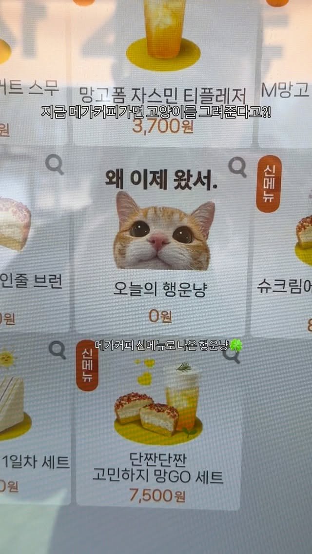 gonguni 게시물 이미지: 지금 메가커피에서 엄청 귀여운거 하고 있어요,,😺❤️
신메뉴에서 ’오늘의 행운냥‘...